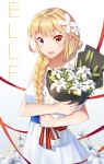  1girl :d bangs blonde_hair bouquet braid collarbone commentary_request dress eyebrows_visible_through_hair flower hair_flower hair_ornament hair_over_shoulder heterochromia highres holding holding_bouquet jeanne_d&#039;arc_(zhan_jian_shao_nyu) ji_dao_ji long_hair looking_at_viewer object_hug open_mouth orange_eyes red_ribbon ribbon sash shiny shiny_hair single_braid sleeveless sleeveless_dress smile solo striped striped_ribbon violet_eyes white_dress white_flower yellow_flower zhan_jian_shao_nyu 