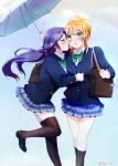  2girls :o ayase_eli blonde_hair blue_eyes blush cheek_kiss closed_eyes kiss loafers long_hair love_live! love_live!_school_idol_project multiple_girls open_mouth purple_hair school_uniform shoes skirt standing standing_on_one_leg thigh-highs tida_kietsungden toujou_nozomi umbrella yuri 