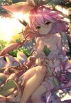  1girl bare_shoulders blush breasts cleavage granblue_fantasy hong_(white_spider) in_tree large_breasts leaf long_hair looking_at_viewer pink_hair sitting smile solo thighs tree very_long_hair wide_sleeves yellow_eyes yggdrasill_(granblue_fantasy) 