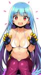  1girl bangs belt bikini blue_hair breasts commentary_request eyebrows_visible_through_hair gloves kula_diamond long_hair looking_at_viewer medium_breasts navel open_mouth red_eyes shunin simple_background sitting smile solo swimsuit the_king_of_fighters white_background white_bikini 