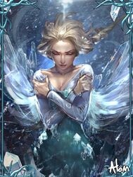  1girl blonde_hair blue_dress border braid breasts cleavage closed_eyes disney dress elsa_(frozen) eyebrows eyelashes frozen_(disney) ice ice_crystal makeup medium_breasts parted_lips single_braid solo upper_body woo_chul_lee 