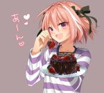  1boy :d absurdres bangs black_ribbon blackberry_(fruit) blueberry blush cake casual chocolate_cake collarbone commentary_request eyebrows_visible_through_hair fang fate/apocrypha fate_(series) feeding food fork fruit hair_between_eyes hair_ribbon hand_up happy_birthday heart highres holding holding_fork holding_plate long_sleeves looking_at_viewer male_focus multicolored_hair open_mouth pink_hair plate pov_feeding purple_background purple_shirt ribbon rider_of_black shirt short_hair side_glance simple_background smile solo strawberry streaked_hair striped striped_shirt trap upper_body violet_eyes white_hair yuitanpo 