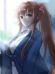  10s 1girl blue_kimono blush brown_eyes brown_hair flower hair_flower hair_intakes hair_ornament indoors japanese_clothes kantai_collection kimono long_hair looking_at_viewer morning ponytail primary_stage sketch smile solo sunlight twitter_username wide_sleeves window yamato_(kantai_collection) 