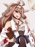  1girl absurdres ahoge blush breasts brown_hair collarbone double_bun eyebrows_visible_through_hair hairband hand_on_hip highres kanachirou kantai_collection kongou_(kantai_collection) large_breasts long_hair looking_at_viewer nontraditional_miko open_mouth smile solo upper_body violet_eyes 