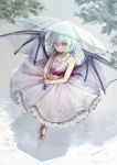  1girl bare_arms bat_wings blue_hair commentary_request dress from_above full_body hair_between_eyes holding holding_umbrella light_smile looking_at_viewer outdoors rain red_eyes red_shoes remilia_scarlet ripples shoes solo touhou twitter_username umbrella white_dress wings yuki_(popopo) 