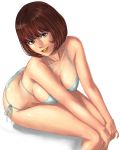  1girl bangs bikini blush bob_cut breasts brown_hair cleavage collarbone grey_eyes highres large_breasts looking_at_viewer lupin_iii mine_fujiko orange_lips orange_lipstick parted_lips short_hair side-tie_bikini simple_background sitting smile solo teeth toten_(der_fuhrer) white_background white_bikini 