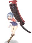  1girl blue_eyes blue_hair blush boots breasts brown_boots character_request copyright_request eyebrows_visible_through_hair full_body highres holding holding_weapon knee_boots large_breasts long_sleeves looking_at_viewer open_mouth reinama sheath sheathed solo weapon 