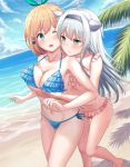  &gt;:&lt; 2girls :&lt; absurdres ahoge animal_ears bangs beach bikini blonde_hair blue_bikini blue_eyes blush breast_envy breast_grab breasts cleavage closed_mouth clouds cloudy_sky collarbone day fisheye frilled_bikini frills grabbing grabbing_from_behind green_eyes groping hair_ornament hairband hand_under_clothes highres horizon large_breasts long_hair looking_at_another mizuha_(zxass0612) multiple_girls navel ocean one_eye_closed outdoors palm_tree red_bikini revision rokudenashi_majutsu_koushi_to_akashic_record rumia_tingel shore short_hair side-tie_bikini silver_hair sistine_fiber sky standing strap_gap sunlight surprised swimsuit tree under_boob wince x_hair_ornament 