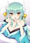  1girl bangs blush breasts cleavage eyebrows_visible_through_hair fate/grand_order fate_(series) green_hair hair_between_eyes hand_on_own_cheek hands_up haruyuki_(yukichasoba) heart heart-shaped_pupils highres horns japanese_clothes kimono kiyohime_(fate/grand_order) large_breasts looking_at_viewer open_mouth sidelocks smile solo symbol-shaped_pupils upper_body yellow_eyes 