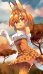  absurdres animal_ears blush bow bowtie denchu_(kazudentyu) elbow_gloves eyebrows_visible_through_hair gloves grey_eyes highres kemono_friends looking_at_viewer open_mouth orange_bow orange_bowtie orange_hair orange_legwear serval_(kemono_friends) serval_ears serval_tail short_hair smile tail teeth thigh-highs white_gloves 