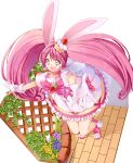  1girl animal_ears bow cake_hair_ornament cure_whip flower food food_themed_hair_ornament from_above fruit full_body gloves hair_ornament hairband highres kirakira_precure_a_la_mode long_hair looking_at_viewer magical_girl outstretched_hand pink_bow pink_choker pink_eyes pink_hair pink_hairband pink_shoes precure rabbit_ears shoes skirt smile solo strawberry twintails usami_ichika white_gloves white_skirt yuutarou_(fukiiincho) 