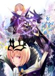  1boy armor blonde_hair cape crown fire_emblem fire_emblem_if floral_background gloves hair_ornament holding kokoron450 leon_(fire_emblem_if) light_smile looking_at_viewer red_eyes smile 