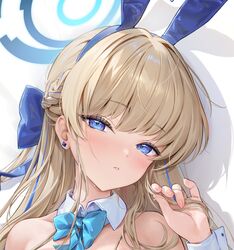  animal_ears bare_shoulders blonde_hair blue_archive blue_eyes blue_hair blue_halo detached_collar hair_between_eyes half-closed_eyes halo hand_up highres houkisei long_hair multicolored_hair rabbit_ears streaked_hair toki_(blue_archive) toki_(bunny)_(blue_archive) two-tone_hair upper_body 