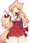  1girl animal_ears blonde_hair cowboy_shot fate/extra fate/extra_ccc fate/extra_ccc_fox_tail fate_(series) fox_ears fox_tail hakama hakama_skirt haruyuki_(yukichasoba) head_tilt highres japanese_clothes long_hair neck_ribbon o3o one_eye_closed red_hakama ribbon saber_(fate/extra_ccc_fox_tail) simple_background skirt_hold solo tail white_background yellow_eyes 