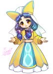  1girl bangs belt blue_hair brown_eyes colored_eyelashes demerin dragon_quest dragon_quest_vii dress fosse_(dq7) full_body hat highres long_hair looking_at_viewer parted_bangs robe signature smile solo standing twintails veil white_background yellow_dress 