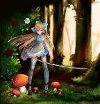 1girl alice_(wonderland) alice_in_wonderland arm_at_side bangs blonde_hair blue_bow blue_bowtie blue_eyes blue_legwear blurry blurry_background bow bowtie center_frills closed_mouth commentary_request day dress flower frilled_dress frills full_body giant_mushroom grass hair_between_eyes hair_bow highres holding holding_sword holding_weapon legs_apart light_rays long_hair looking_at_viewer mismatched_legwear mushroom nature ootachi original outdoors red_rose red_shoes rose rose_bush serious shoes short_dress sleeveless sleeveless_dress solo standing straight_hair striped striped_legwear sword thigh-highs tree tsurime very_long_hair weapon white_dress white_rose wind yuitanpo 