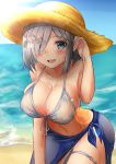  1girl beach bikini blush breasts cleavage collarbone eyes_visible_through_hair hair_ornament hair_over_one_eye hair_tucking hamakaze_(kantai_collection) kantai_collection large_breasts leaning_forward looking_at_viewer navel open_mouth pantyhose sarong short_hair silver_hair sin_(kami148) smile solo swimsuit thigh_strap 