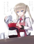  1girl :d apron blonde_hair blue_eyes coffee coffee_maker_(object) collared_shirt cup graf_zeppelin_(kantai_collection) hair_between_eyes highres holding kantai_collection kettle long_hair long_sleeves necktie open_mouth red_necktie shirt sidelocks smile solo translation_request twintails white_background white_shirt xenonstriker 