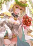  1girl ahoge blonde_hair blush bouquet breasts chains elbow_gloves eyebrows_visible_through_hair fate/extra fate/extra_ccc fate_(series) flower gloves green_eyes highres holding holding_bouquet large_breasts looking_at_viewer parted_lips qidai saber_bride saber_extra short_hair smile solo white_gloves 