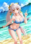  1girl bare_shoulders beach bikini blue_bikini blue_sky bow bow_bikini breasts cleavage clouds collarbone commentary day dolphin dutch_angle fate/grand_order fate_(series) glint hair_bow highres horns index_finger_raised kazenokaze kiyohime_(fate/grand_order) large_breasts leaning_forward light_rays long_hair looking_at_viewer navel ocean orange_eyes outdoors polearm ponytail sky smile solo spear sunbeam sunlight swimsuit thighs very_long_hair water weapon white_hair yellow_bow 