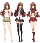  1girl alternate_costume black_legwear boots brown_hair cosplay costume_chart costume_request cropped_jacket fate/extra fate/extra_ccc fate_(series) full_body hand_on_hip jewelry kishinami_hakuno_(female) liusang long_hair looking_at_viewer midriff miniskirt multiple_persona navel necklace skirt thigh-highs white_background yellow_eyes zettai_ryouiki 