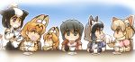  6+girls ^_^ animal_ears black_hair blonde_hair blue_eyes bow bowtie brown_eyes closed_eyes coffee_cup comic commentary_request common_raccoon_(kemono_friends) cow_ears cow_tail elbow_gloves fennec_(kemono_friends) foam fox_ears fur_trim gloves gradient gradient_background grey_eyes grey_hair handkerchief hisahiko holstein_friesian_cattle_(kemono_friends) japari_symbol kaban_(kemono_friends) kemono_friends long_sleeves milk_mustache multiple_girls no_hat no_headwear open_mouth pleated_skirt raccoon_ears saucer serval_(kemono_friends) serval_ears serval_print shirt short_hair short_ponytail short_sleeves sitting skirt sleeveless sleeveless_shirt smile standing steam sweater tail younger 