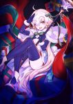  1girl ahoge ass bell black_gloves black_legwear blonde_hair blush box capelet commentary_request elbow_gloves fate/grand_order fate_(series) flag fur_trim gift gift_box gloves hair_ribbon headpiece jeanne_alter jeanne_alter_(santa_lily)_(fate) koto_(kotocotton) long_hair looking_at_viewer open_mouth ribbon ruler_(fate/apocrypha) salute shoes sitting solo teeth thigh-highs yellow_eyes 