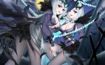  2girls black_feathers black_lipstick breasts chains cleavage clone come_hither drill_hair emilia_leblanc highres league_of_legends lipstick looking_at_viewer makeup medium_breasts multiple_girls one_eye_closed qidai ravenborn_leblanc short_hair tiara twin_drills violet_eyes white_hair 