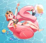  1girl :o afloat ahoge anklet arm_up ascii_media_works ball bangs beachball bikini bird blue_nails blush bracelet braid breasts bushiroad commentary_request cup dodapan drinking_glass drinking_straw flamingo flower hair_flower hair_ornament highres inflatable_toy jewelry lifebuoy_hair_ornament looking_at_viewer love_live! love_live!_sunshine!! medium_breasts midriff moe nail_polish navel orange_hair petals_on_water print_bikini reclining red_eyes side_braid solo sparkle sunglasses sunglasses_on_head sunrise_(studio) swimsuit takami_chika toenail_polish v water wet 