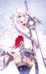  1girl asymmetrical_hair blue_eyes breasts cleavage dress flower gizensha gloves highres looking_at_viewer panties pantyshot rose simple_background sinoalice snow_white_(sinoalice) solo sword thigh-highs underwear weapon white_hair 