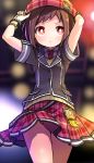  &gt;:( 1girl adjusting_clothes adjusting_hat arms_up bang_dream! bangs beret blurry blurry_background bracelet brown_hair commentary_request hat hazawa_tsugumi jewelry miniskirt necktie plaid plaid_hat plaid_skirt pleated_skirt red_eyes shikei_(jigglypuff) short_hair short_sleeves skirt solo strap studded_bracelet 
