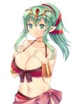  1girl bikini bracer breasts chiki choker cleavage fire_emblem fire_emblem:_kakusei fire_emblem_heroes front-tie_bikini front-tie_top green_eyes green_hair hair_ribbon highres large_breasts long_hair looking_at_viewer navel pointy_ears ponytail shira_yu_ki simple_background smile solo stomach swimsuit tiara 