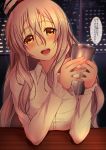 1girl blush breasts cityscape grey_hair hat head_tilt highres holding_glass indoors kantai_collection large_breasts lips long_hair long_sleeves looking_at_viewer open_mouth pola_(kantai_collection) sazamiso_rx shirt solo table teeth translation_request wavy_hair white_shirt window yellow_eyes 