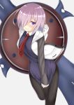  1girl black_legwear blush breast_pocket breasts eyebrows_visible_through_hair fate/grand_order fate_(series) hair_over_one_eye highres large_breasts looking_at_viewer necktie pantyhose pink_hair pocket red_necktie reinama shielder_(fate/grand_order) short_hair solo violet_eyes 