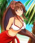  1girl beach bikini breasts brown_hair cherry_blossoms cleavage flower h_(hhhhhh4649) hair_flower hair_ornament kantai_collection leaning_forward long_hair looking_at_viewer medium_breasts palm_tree ponytail sarong smile solo swimsuit tree white_bikini yamato_(kantai_collection) 