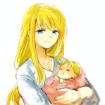  1boy 1girl baby blanket blonde_hair blue_eyes carrying closed_eyes eyebrows_visible_through_hair fullmetal_alchemist happy long_hair looking_at_viewer mother_and_son shirt short_hair simple_background sleeping smile spoilers tsukuda0310 white_background white_shirt winry_rockbell 