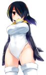  1girl black_hair breasts brown_eyes emperor_penguin_(kemono_friends) gluteal_fold hair_over_one_eye headphones highleg highleg_leotard kemono_friends large_breasts leotard long_hair looking_at_viewer mikan_(ama_no_hakoniwa) multicolored_hair simple_background solo thigh-highs thighs white_background white_legwear white_leotard 