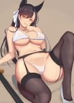  animal_ears black_hair bow brown_eyes character_request covered_nipples finger_to_mouth garter_belt garter_straps gg-e high_heels highres katana long_hair navel panties shadow simple_background sitting sword underwear weapon white_bow 