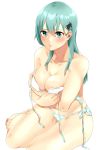  1girl absurdres alternate_costume aqua_eyes aqua_hair bare_legs bare_shoulders barefoot bikini blush breast_hold breasts commentary_request highres kantai_collection large_breasts lips looking_at_viewer midriff navel parted_lips side-tie_bikini simple_background sitting suwaji suzuya_(kantai_collection) swimsuit thighs untied untied_bikini 