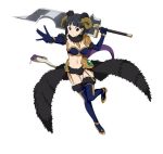  1girl anklet black_eyes black_hair black_legwear blue_gloves boots bracelet breasts cleavage elbow_gloves fake_horns full_body gloves holding holding_sword holding_weapon jewelry kirigaya_suguha looking_at_viewer medium_breasts midriff navel one_leg_raised outstretched_arm short_hair sideboob simple_background smile snake_tail solo stomach sword sword_art_online thigh-highs thigh_boots weapon white_background 