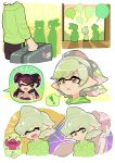  +_+ 2girls ankle_boots aori_(splatoon) arms_behind_back back-to-back bed black_boots black_hair blue_shorts boots casual cellphone comic cousins detached_collar domino_mask earrings food food_on_head gloves green_legwear green_shirt grey_hair holding holding_cellphone holding_phone hotaru_(splatoon) indoors inkling jewelry long_hair mask mole mole_under_eye multiple_girls night night_sky object_on_head phone pointy_ears purple_shirt purple_shorts shirt short_hair short_jumpsuit shorts silent_comic sitting sky smartphone splatoon standing sushi t-shirt tentacle_hair white_gloves wong_ying_chee 