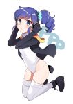  1girl :o aikatsu! arms_up bangs black_gloves blue_eyes blue_hair boots cosplay emperor_penguin_(kemono_friends) emperor_penguin_(kemono_friends)_(cosplay) eyebrows_visible_through_hair full_body gloves groin hair_ornament hair_scrunchie headphones hood hooded_jacket jacket jumping kemono_friends kiriya_aoi legs_up leotard long_sleeves otk_do penguins_performance_project_(kemono_friends) scrunchie short_hair side_ponytail sidelocks simple_background solo tail thigh-highs white_background white_legwear white_leotard 