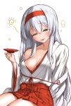  1girl blush bow_(weapon) breasts brown_eyes commentary_request cup drunk hairband hakama_skirt half-closed_eyes highres holding japanese_clothes kantai_collection long_hair medium_breasts open_clothes open_shirt parted_lips red_hairband sabaku_chitai sakazuki shirt short_hair shoukaku_(kantai_collection) silver_hair sitting skirt solo weapon 