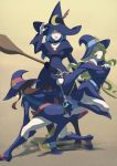  3girls :d atatatamu blonde_hair blue_eyes blue_hair boots broom brown_eyes brown_hair choker crescent diana_cavendish full_body hat highres hood hooded_robe kagari_atsuko little_witch_academia long_hair looking_at_viewer loose_belt multicolored_hair multiple_girls open_mouth pose red_eyes robe school_uniform smile staff two-tone_hair ursula_charistes wand wavy_hair witch witch_hat 