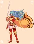  1girl armor blue_hair breastplate cape closed_eyes eirika fingerless_gloves fire_emblem fire_emblem:_seima_no_kouseki gloves highres holding holding_sword holding_weapon long_hair pauldrons rapier simple_background solo sword weapon 