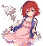  1girl black_eyes blush dress idolmaster idolmaster_cinderella_girls jacket looking_at_viewer murakami_tomoe odawara_hakone open_clothes open_jacket pink_dress redhead ribbon-trimmed_dress see-through_silhouette short_hair smile solo 