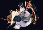 androgynous anklet barefoot black_background ensei flower full_body hakudouji hat jewelry long_hair looking_at_viewer low-tied_long_hair onmyoji scythe silver_hair solo tate_eboshi very_long_hair wide_sleeves yellow_eyes 