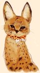  :3 animal bow bowtie brown_eyes kemono_friends looking_at_viewer mikan_(ama_no_hakoniwa) no_humans print_bowtie serval serval_(kemono_friends) serval_print simple_background 