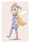  1girl american_flag_dress american_flag_legwear blonde_hair clownpiece commentary fairy_wings hat jester_cap long_hair looking_at_viewer neck_ruff poronegi red_eyes simple_background smile touhou very_long_hair walking wings 