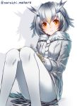 1girl bangs blush breasts brown_eyes brown_hair buttons closed_mouth coat commentary_request convenient_leg eyebrows_visible_through_hair fur_collar grey_coat grey_hair hair_between_eyes holding holding_spoon kemono_friends knees_up long_sleeves looking_at_viewer mataichi_matarou multicolored_hair northern_white-faced_owl_(kemono_friends) pantyhose shadow short_hair sitting small_breasts solo spoon tail twitter_username white_background white_hair white_legwear 